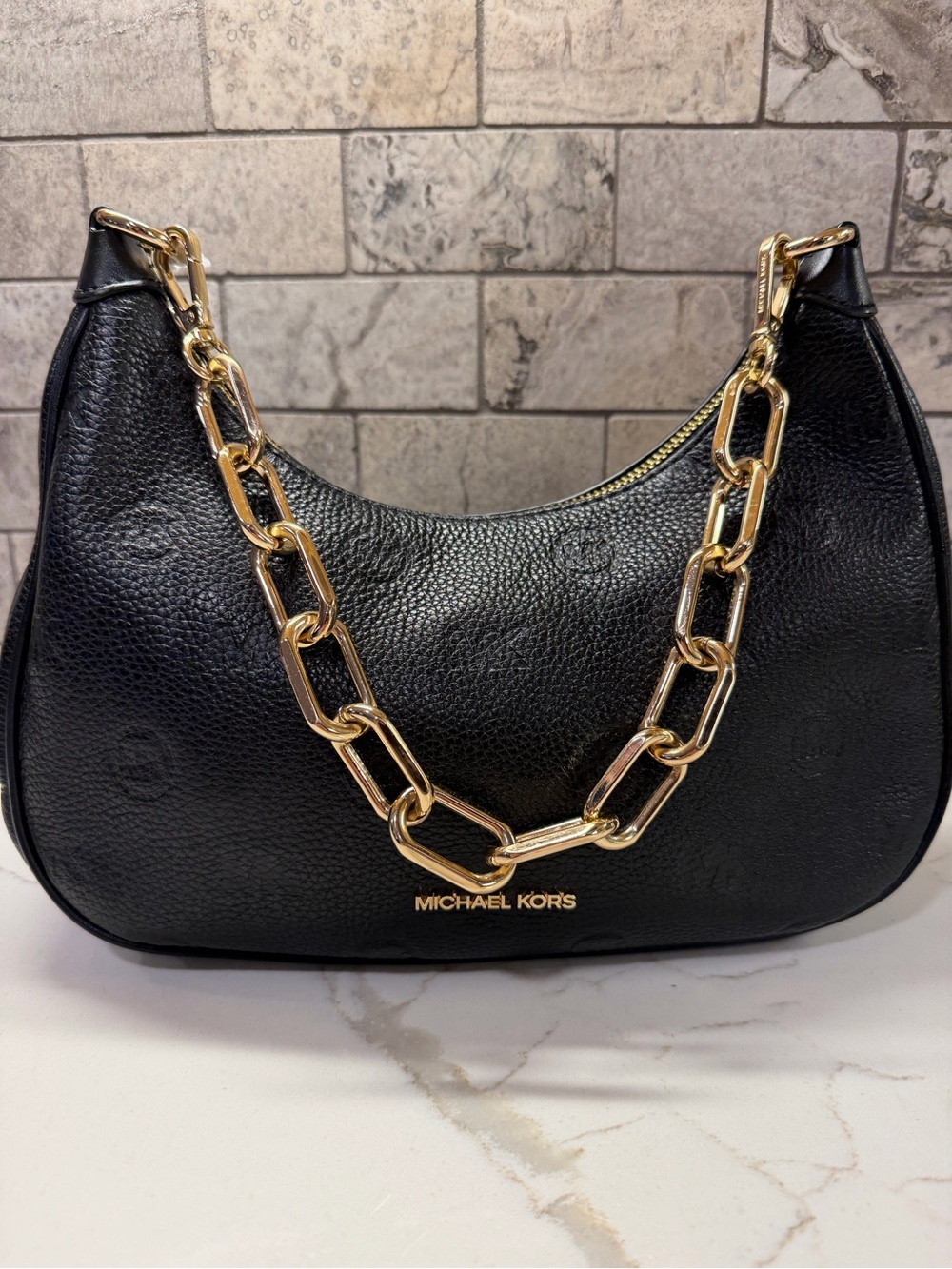 Michael Kors Cora Black Pebble Leather Shoulder Bag with Gold Chain